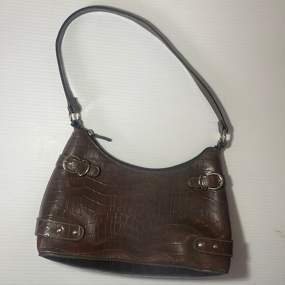 Chocolate Brown Mock Croc embossed faux leather hobo bag with silver hardware - Picture 1 of 11